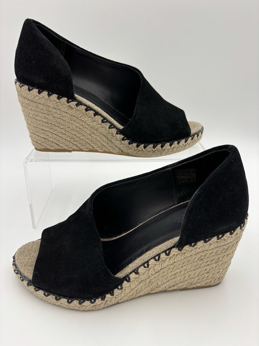 Vince Espadrille Wedge Heel Black Suede Size 7.5 M Peep Toe D'Orsay